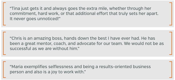 •	Tina just gets it and always goes the extra mile, whether through her commitment, hard work, or that additional effort that truly sets her apart. It never goes unnoticed!  •	Chris is an amazing boss, hands down the best I have ever had. He has been a great mentor, coach, and advocate for our team. We would not be as successful as we are without him.  •	Maria exemplifies selflessness and being a results-oriented business person and also is a joy to work with.